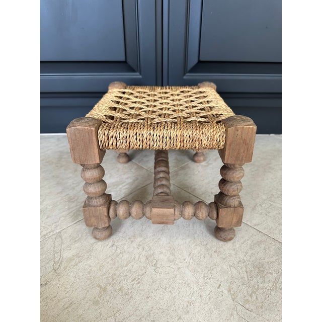 Rustic European Vintage French Audoux Minet Style Handcrafted Rope & Wood Stool For Sale - Image 3 of 16
