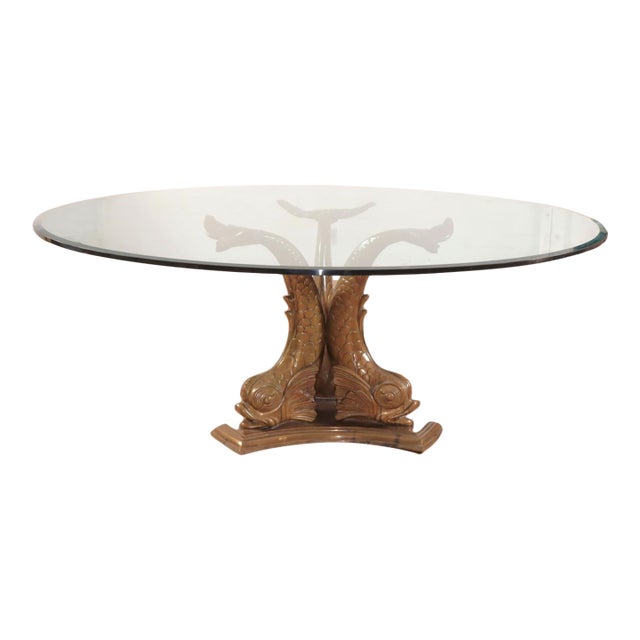 Round Glass Top Dining Table With a Three Dolphins Solid Brass Base. Mid Century Modern Meets For Sale