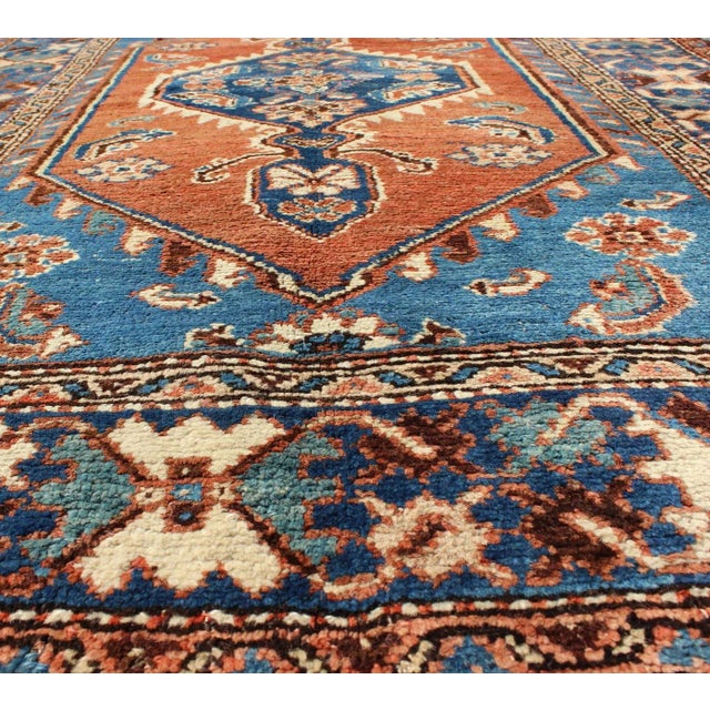 Early 20th Century Antique Persian Karadjeh Rug With Tribal Medallion in Rust Red and Bright Blue 3'10"x5'7" For Sale - Image 5 of 7