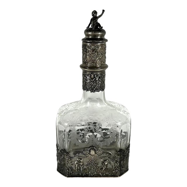 Antique Hanau Silver Mounted Etched Glass Decanter: French Rococo, Georg Roth & Co. For Sale