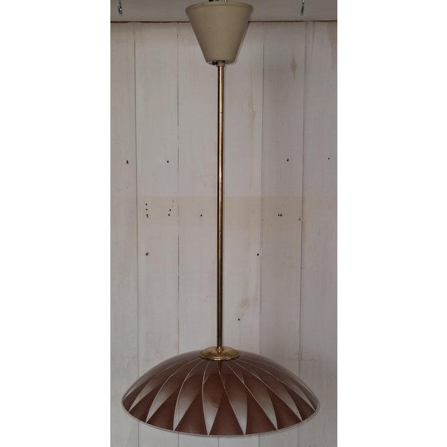 Vintage Pendant Lamp with Beige-Brown Patterned Glass Shade on Brass Mount, 1970s, in Very Good conditions. Designed 1970...