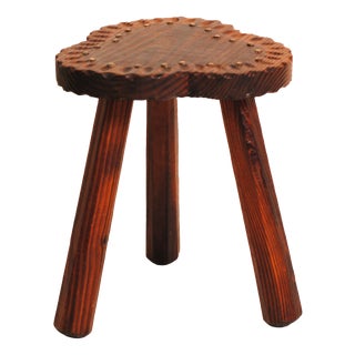 Tripod Stool in Varnished Wood with Brass Nails, 1960s For Sale
