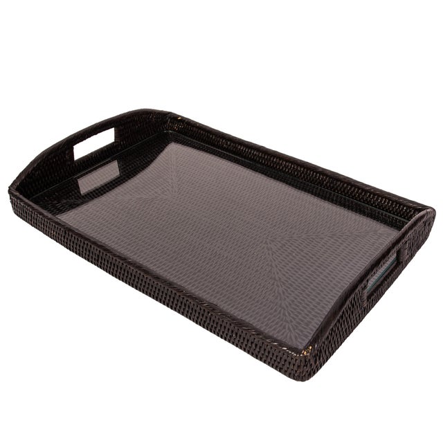Artifacts Rattan Rectangular Tray with Glass Insert in Tudor Black - 21" For Sale - Image 4 of 4