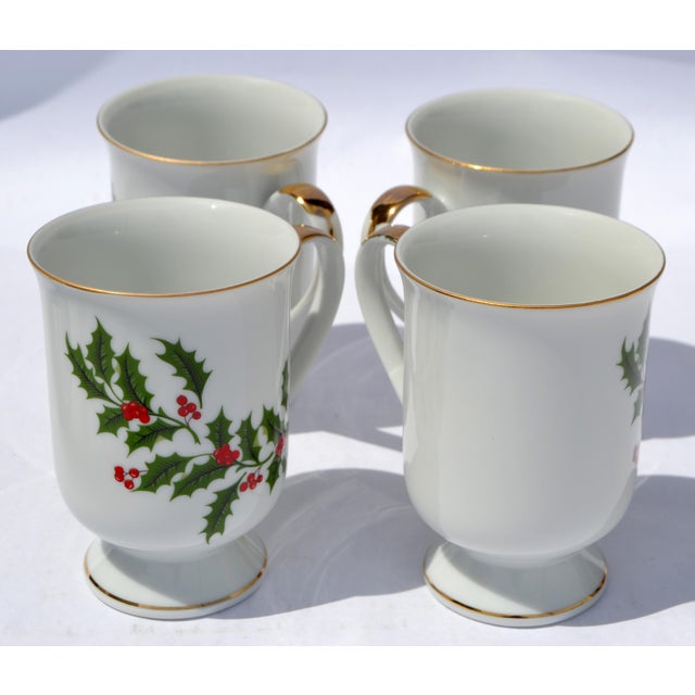Ceramic Set 4 Japan Porcelain & Gold Trim Footed Mug Christmas Holly by All the Trimmings For Sale - Image 7 of 16