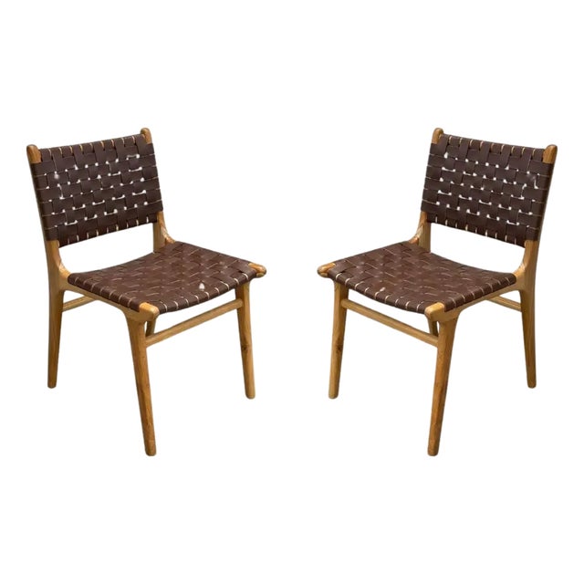 Pair Teak Wood Framed Chairs, With Woven Leather Seat For Sale