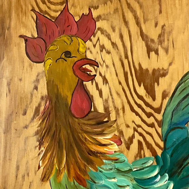 1970s 1970s Mid-Century Farmhouse Chic Original Acrylic Painting, Chicken on Pine Wood. For Sale - Image 5 of 12