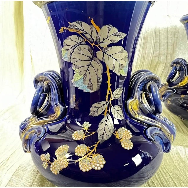 Late 19th Century Antique French Cobalt Blue Faience Urns Pair W/ Gilt Swan Handles For Sale - Image 5 of 12