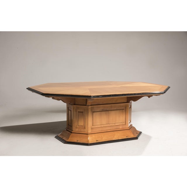 Art Deco Octagonal Cherry Wood Table with Black Borders and Brass Details, 1930s For Sale - Image 3 of 18