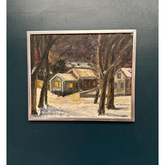 M. L. Jacobson, Winter Landscape with House, 1950s, Oil Painting on Panel, Framed For Sale - Image 7 of 11