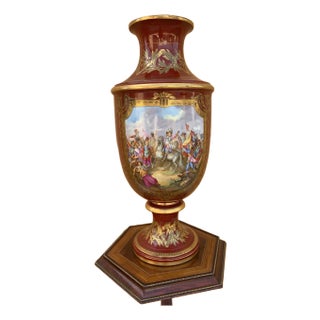 Antique Oversized Red French Sevres Hand Painted Porcelain Trumpet Vase For Sale