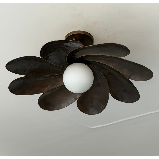 Black Antique Brass Semi Flush Mount Light Fixture, Handmade Flower Ceiling Light For Sale - Image 14 of 18