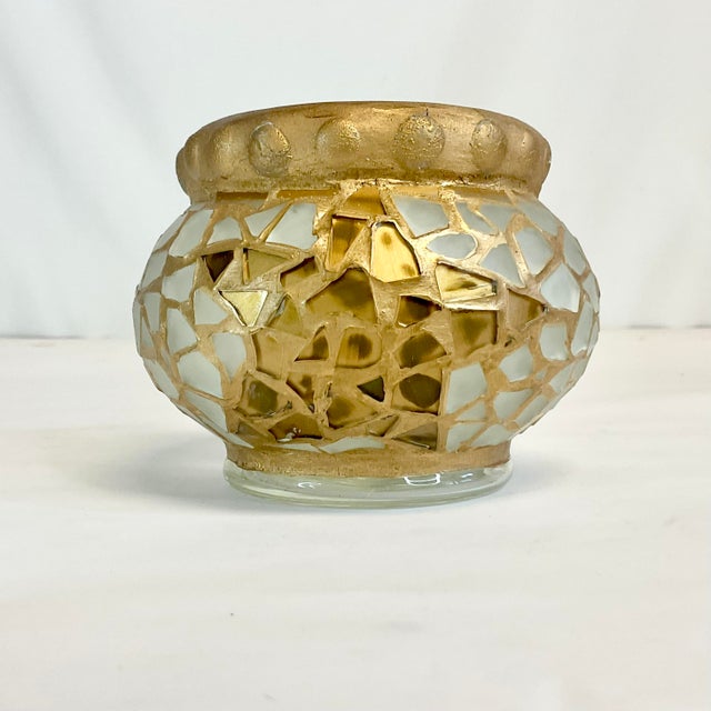 This 1980s Glass Mosaic Vase is handmade in Mexico. The glass globe has glass chips in a frosted white and old gold...