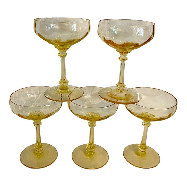 Heisey Tall Champagne Coupes "Old Dominion Sahara Yellow" Set of 5 For Sale