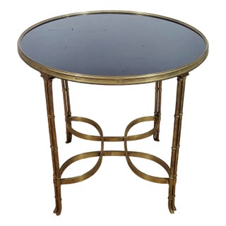 Vintage Hollywood Regency Modern Bamboo Bronze & Granite Round Gueridon Table For Sale