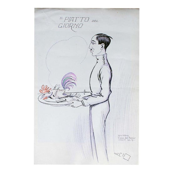 Luccio (Carlo Bolognesi), The Plate of the Day, Ink and Watercolor on Paper, 1924 For Sale