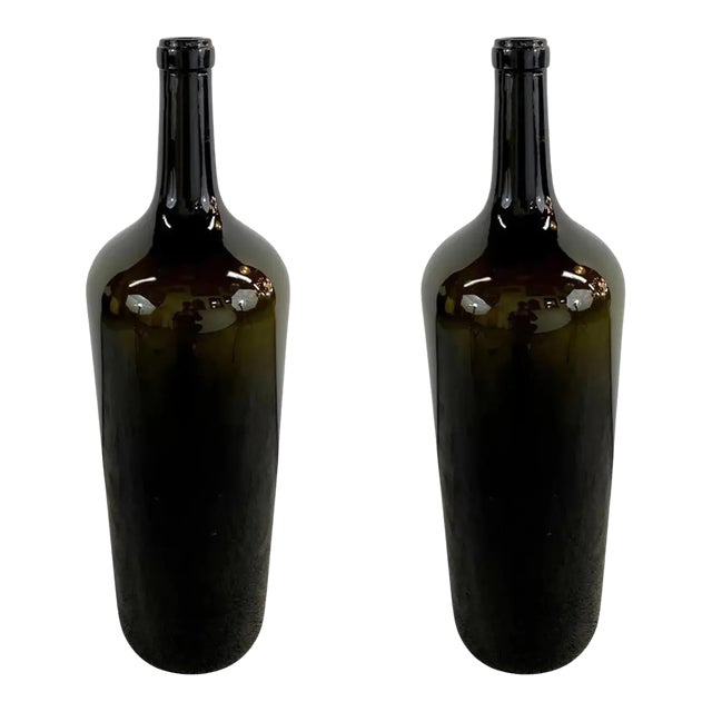 Large Vintage Demijohn Style Dark Green Blown Glass Wine Bottle, a Pair For Sale