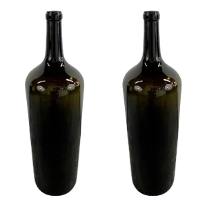 Large Vintage Demijohn Style Dark Green Blown Glass Wine Bottle, a Pair