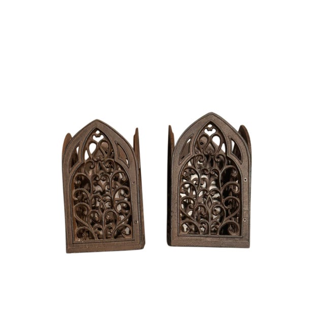 Pair of Heavy Vintage Cast Iron Gothic Cathedral Candle Holders For Sale - Image 4 of 12