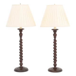 Jacobean Style Mahogany Barley Twist Lamps, Pair For Sale