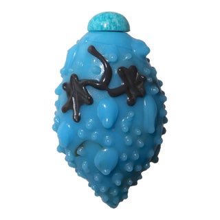 Rare Antique Hand Blown Chinese Blue Glass Fruit Amazonite Stone Snuff Bottle For Sale