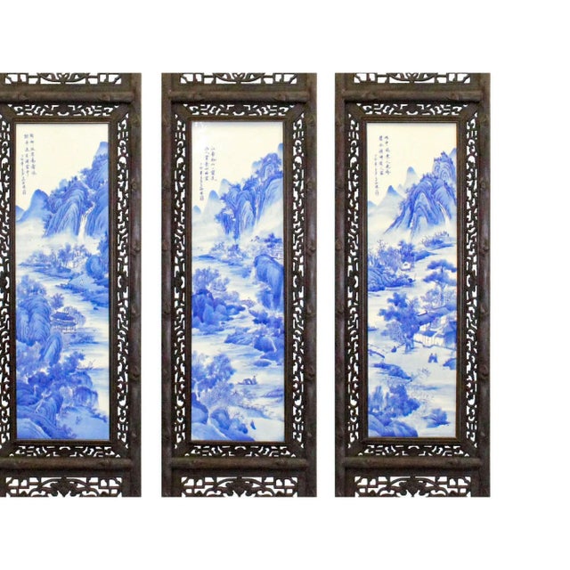 2010s Chinese Mountain River Porcelain Blue & White Painting Wall Panel Set For Sale - Image 5 of 8