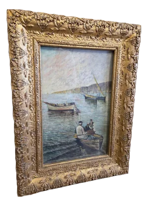 De Risi, Seascape with Fishermen ,Early 1900s, Oil on Canvas, Framed