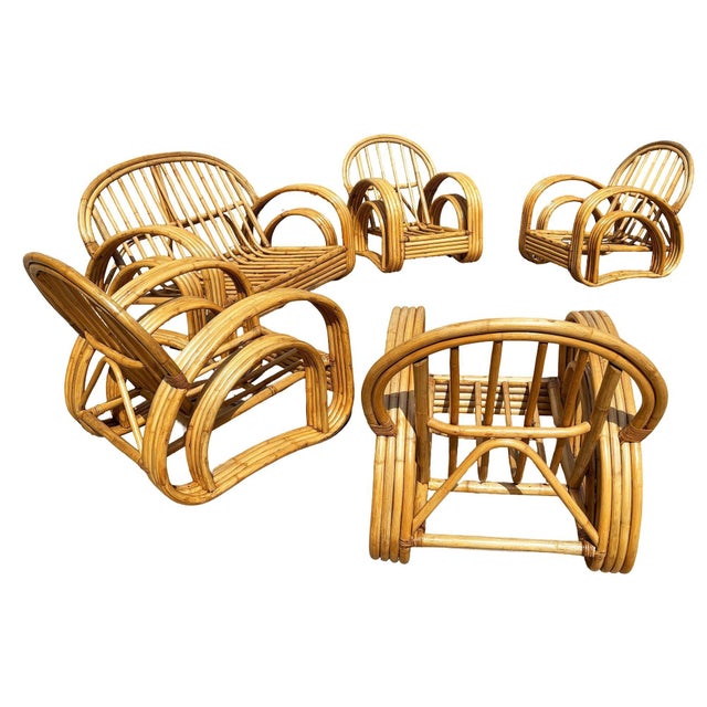 1950s Restored 4-Strand Double Arch Speed Arms Rattan Sofa & Chairs Livingroom Set of 5 For Sale In Los Angeles - Image 6 of 14