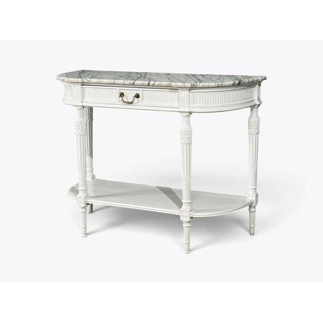 Louis XVI Style, White Demilune Console Table, Wood, Marble, France, 1960s For Sale - Image 13 of 15