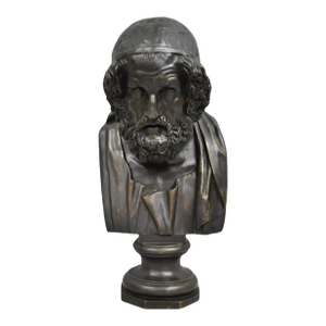 Early 20th Century Vintage Greek Classical Style Patinated Cast Bronze Bust Sculpture of Homer
