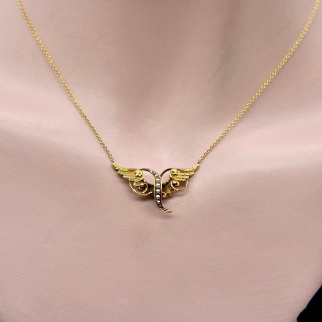 Late 19th Century Victorian 14k Gold Angel Winged Necklace With Seed Pearls For Sale - Image 9 of 9