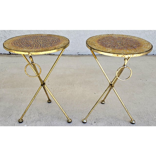 1960s Italian Gold Gilt Folding Mosaic Side Drink Tables 1960s Pair For Sale - Image 5 of 16