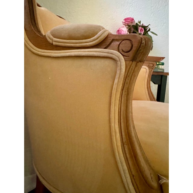 French Vintage French Louis XV Style Wingback Bergère Chair — Carved Wood Frame, Hand-Tied Springs For Sale - Image 3 of 12
