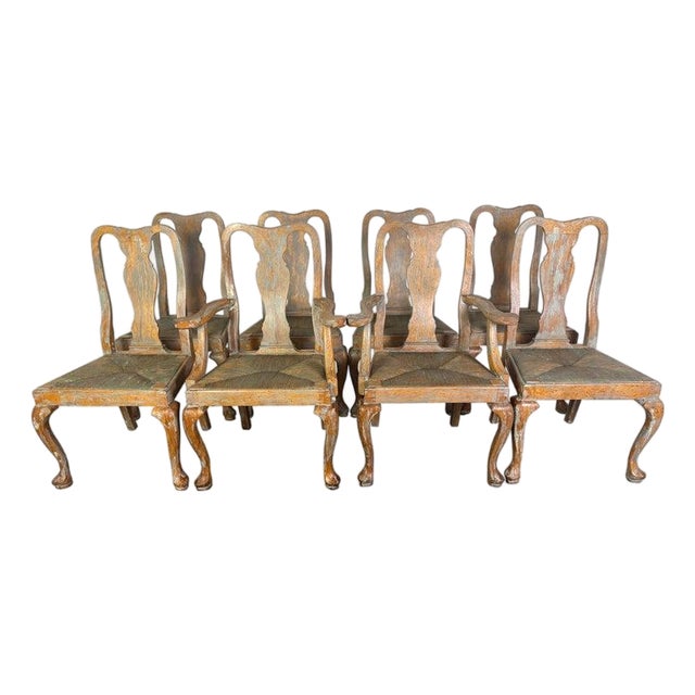Set of Eight Queen Anne Dining Chairs, Carved Wood, Distressed Finish For Sale