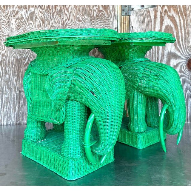 Vintage Coastal Woven Rattan Elephant Side Tables - A Pair For Sale In West Palm - Image 6 of 10