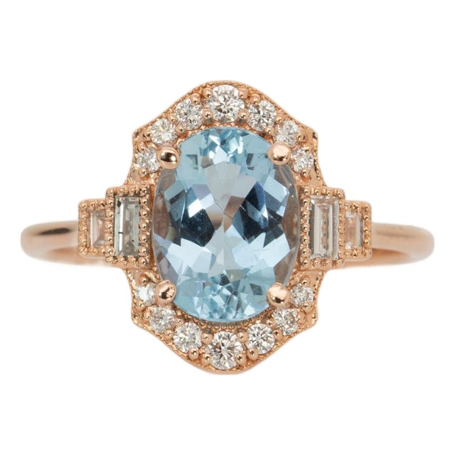 1.5cts Aquamarine Ring With Natural Diamonds Accents: Solid 14k Gold, Oval 9x7mm For Sale
