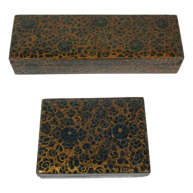 Vintage Kashmir Handmade and Hand-Painted Lacquered Boxes, Set of 2 For Sale