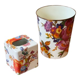 Mackenzie Childs Flower Market Boutique Tissue Box + Waste Basket For Sale