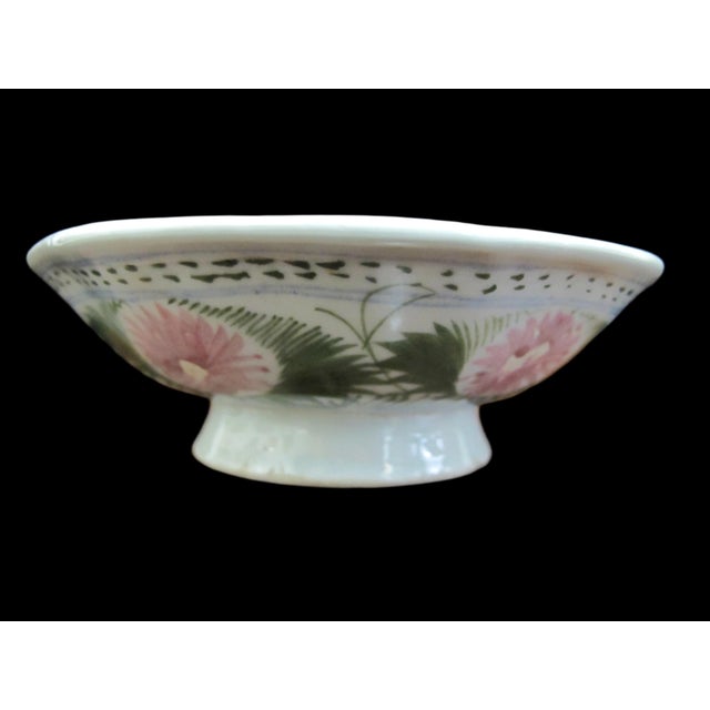 Ceramic Chinese Folk Art Pink Flower Porcelain Footed Shallow Bowl or Candle Holder Pair For Sale - Image 7 of 9