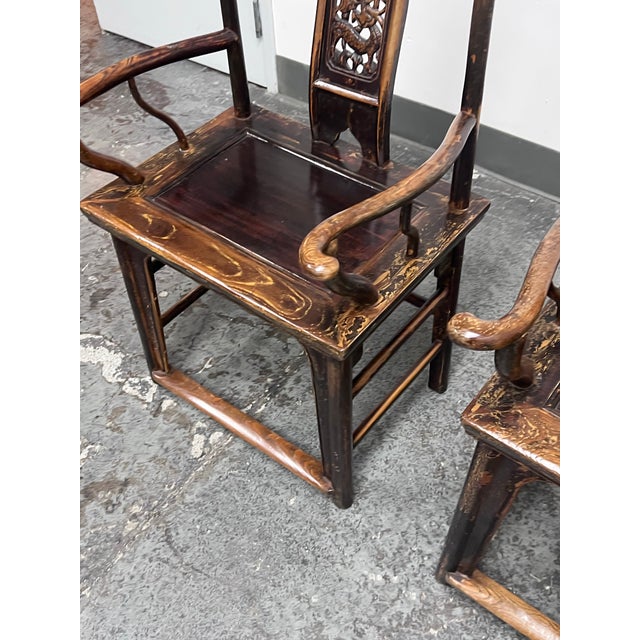 Brown Antique Chinese Qing Dynasty Elmwood Armchairs, Pair For Sale - Image 8 of 12