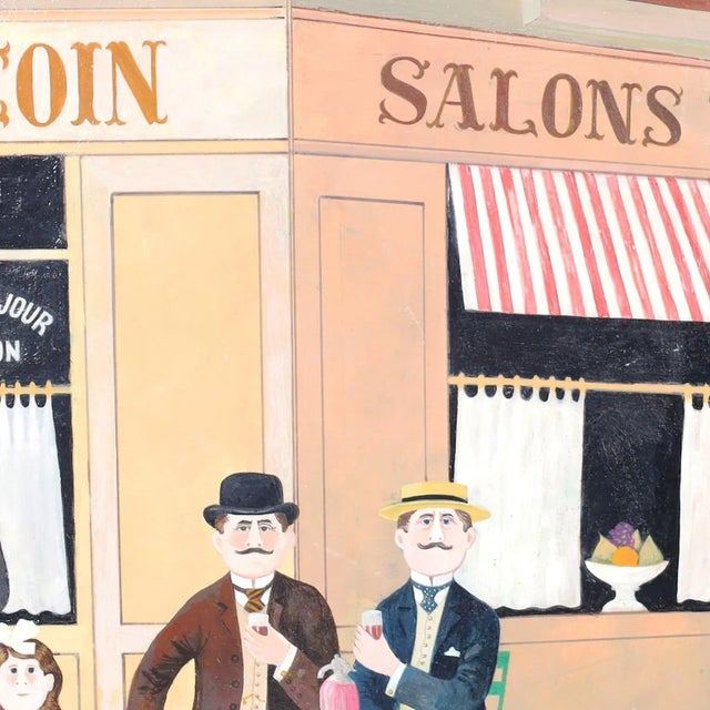 Oil painting on board executed in a distinctive naive folky style of a French cafe with figures dressed in Belle Epoque...