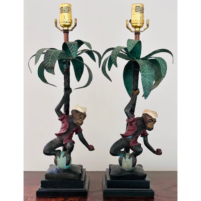 Pair Cast Metal Hand Painted Singerie, Sailor Dressed Monkey and Palm Tree Table Lamps For Sale - Image 12 of 12