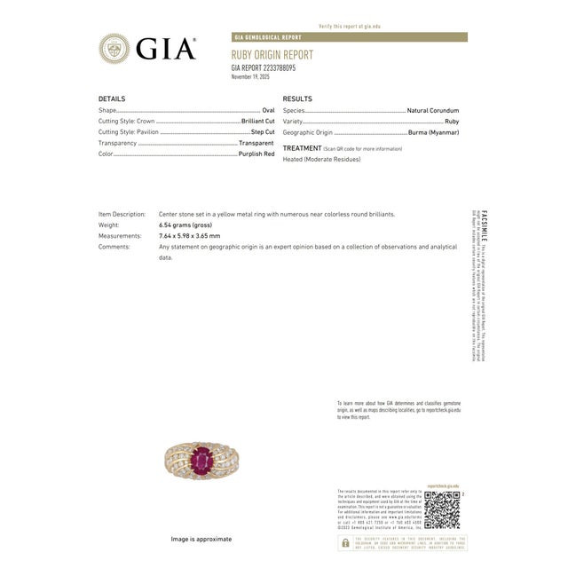 Metal Mid 20th Century French Gia 1.00 Carat Burma Ruby Diamond 18k Yellow Gold Ring, Size 6.25 For Sale - Image 7 of 7