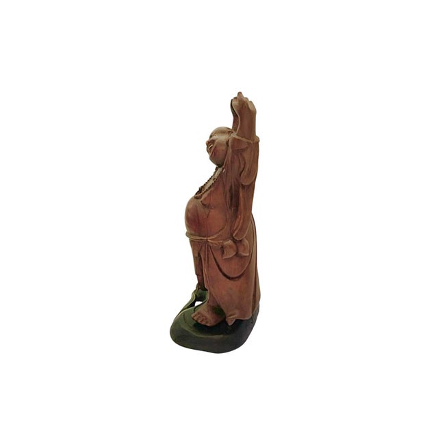 Late 20th Century Buddha Sculpture Carved Wood With Inlaid Eyes and Teeth Vintage Chinese Wealth Figure For Sale In Tulsa - Image 6 of 9