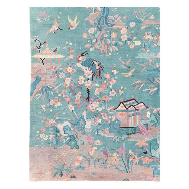 Galerie Shabab Collection Mid-20th Century Handmade Chinese Art Deco Room Size Carpet in Seafoam Green For Sale - Image 4 of 10