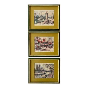 Mid 20th Century Vintage Framed Trio of Parisian Prints by Marius Girard