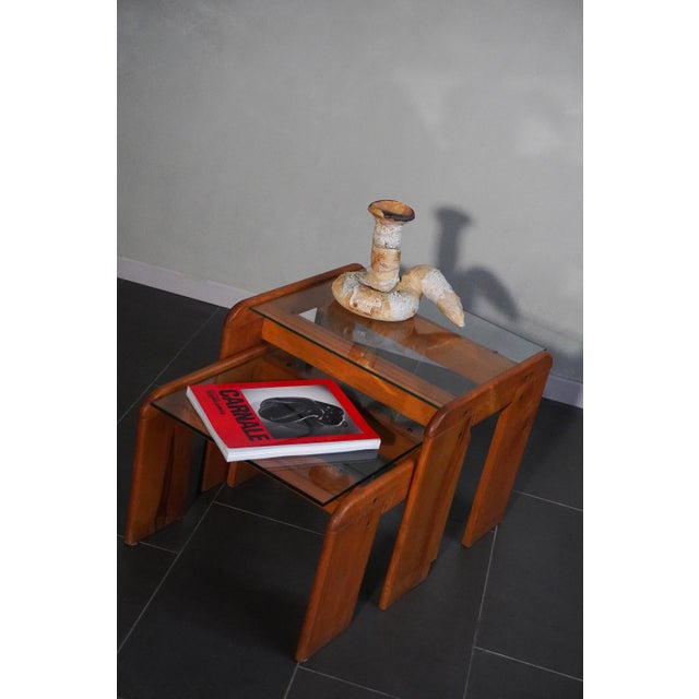 Wood Coffee Table Set in Pine Wood and Glass by Afra & Tobia Scarpa, 1970s, Set of 2 For Sale - Image 7 of 14