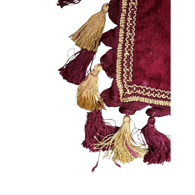Vintage Turkish Ottoman Style Velvet Accent Pillow Cover Burgundy Velvet Gold Tassel Fringe Maximalist Décor For Sale - Image 9 of 10