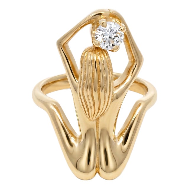18k Yellow Gold Sculpted Female Figure Diamond Solitaire Ring, Size 6 For Sale