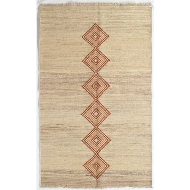 Hand-Knotted Caucasian Sumak-style rug, Persian weave featuring a striking vertical arrangement of three geometric...