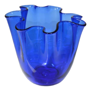 1980s Mid-Century Modern Venini Attributed Royal Blue Fazzoletto Blown Glass Bowl Vase Vessel, Italy